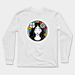 Simple Lineart of a Young Woman Surrounded by Flowers Long Sleeve T-Shirt
